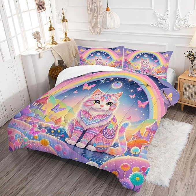 Cat Comforter Set Queen: Rainbow Cat Bedding Set Cartoon Exotic Kitten Floral Feline Castle Quilt for Women Girls Teens Adults Colorful Butterfly Pet Animal Bed Set 3 Piece