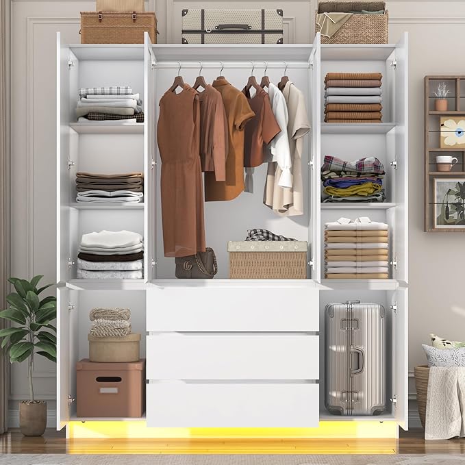 4 Doors Armoire Wardrobe Closet with 3 Drawers & Mirror, Modern Wooden Bedroom Armoires with Hanging Rod Led Lights for Bedroom, White