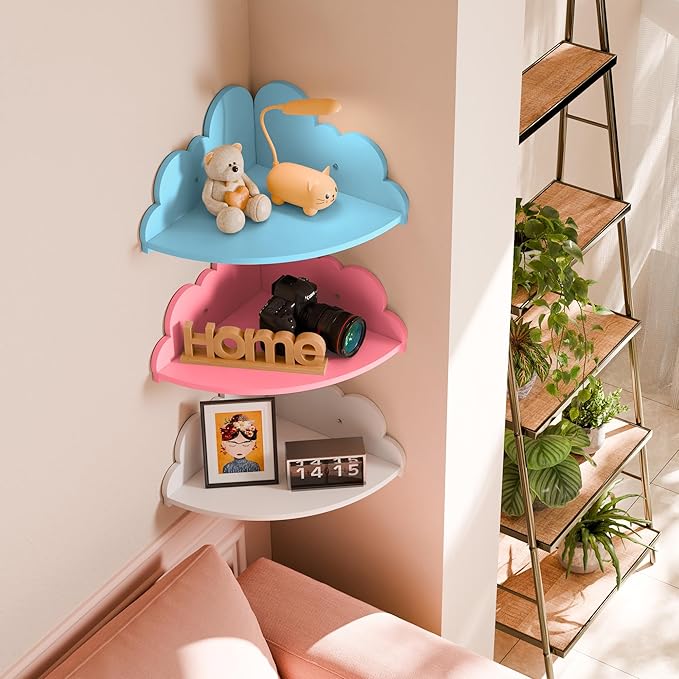 Cloud Floating Corner Shelves - Set of 3 Wood Corner Shelf Wall Mounted, White Nursery Wall Decor, Small Cute Display Shelf for Kid's Room Bedroom Living Room Bathroom