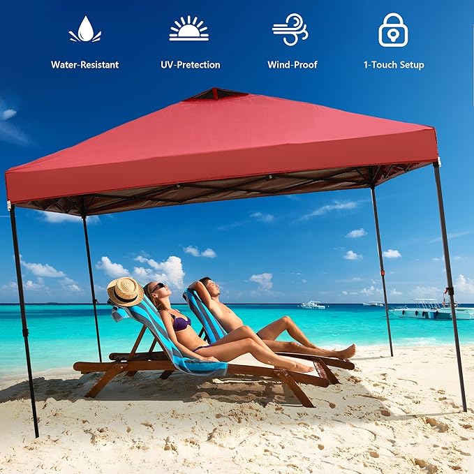 GDY 12x12 Pop Up Canopy Tent with 4 Sidewalls, Easy Set up with One Push Lift Outdoor Silver Coated Beach Gazebos, Carpas for Pool, Events, Parties, and Camping, Red.