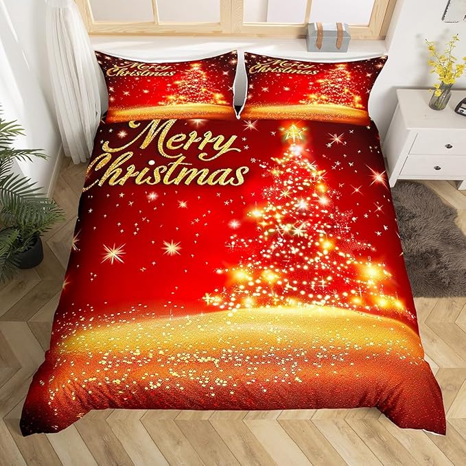 Manfei Christmas Tree Duvet Cover Set Twin Size Gold Sparkle Comforter Cover Merry Christmas Bedding Set 2pcs for Kids Boys Girls Western New Year Theme Bedspread Cover with 1 Pillowcase,No Comforter