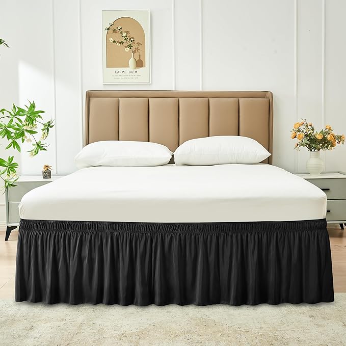 Biscaynebay Wrap Around Bed Skirts for Twin & Twin XL Beds Short Drop of 12", Black Adjustable Elastic Dust Ruffles Easy Fit Wrinkle Resistant Silky Luxurious Fabric Machine Washable