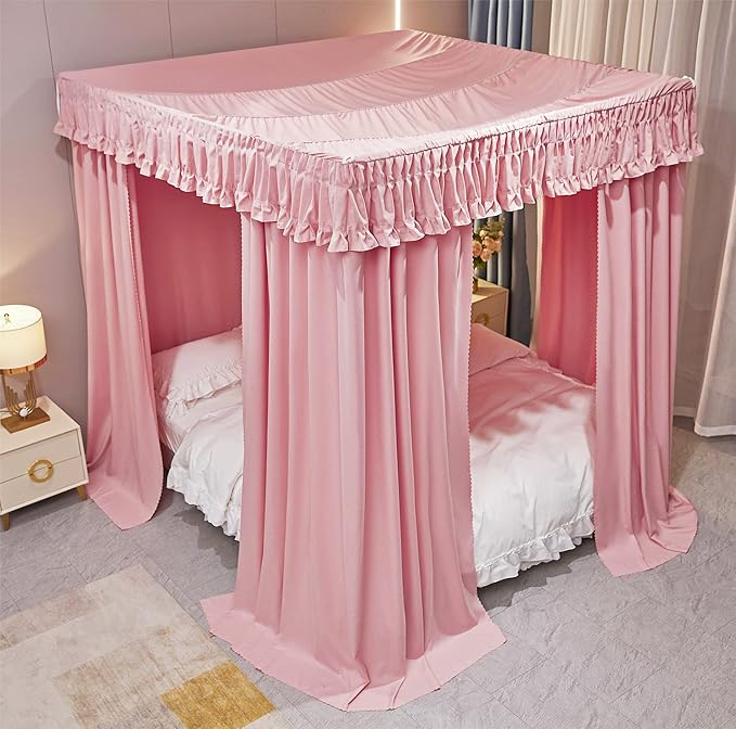VETHIN Elastic Roof Style Four Corner Post Princess Bed Canopy Curtains Cozy Breathable Tent Canopy Mosquito Net for Girls & Adults Bedroom Decoration (Pink, 47-53" W*78" L*82"*H/(Twin-Full))