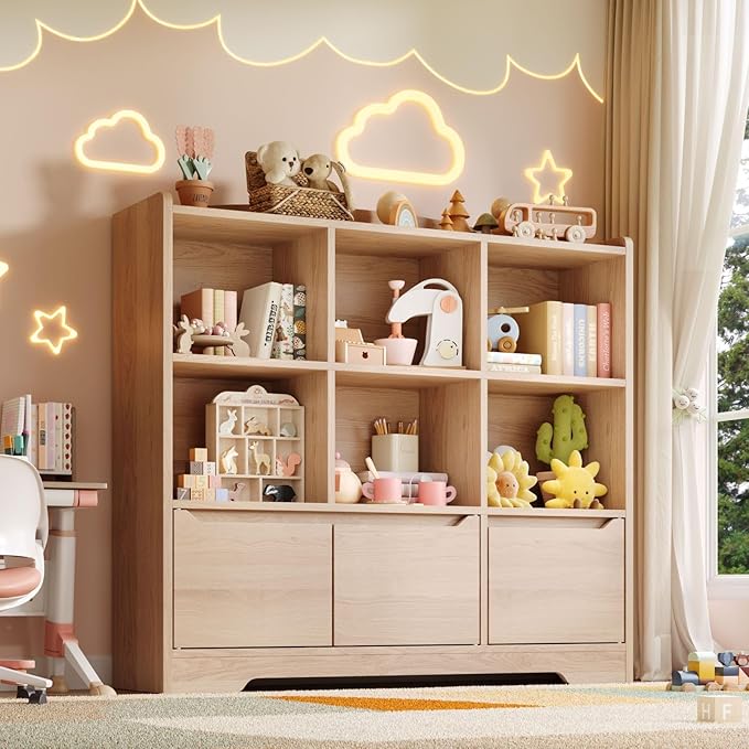 Kids Bookshelf and Toy Organizer, 2 Tier Kids Book Shelf for Kid Rooms with 2 Doors, 6 Cubes Storage Organizer,Wood Children Bookcase,Freestanding Toddler Book Display Shelf for Playroom