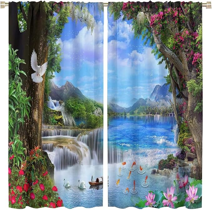 Spring Jungle Waterfall Blackout Window Curtains, Tropical Rainforest Floral Tree Waterfall Landscape Print Window Drapes, for Living Room Bedroom 84x84in