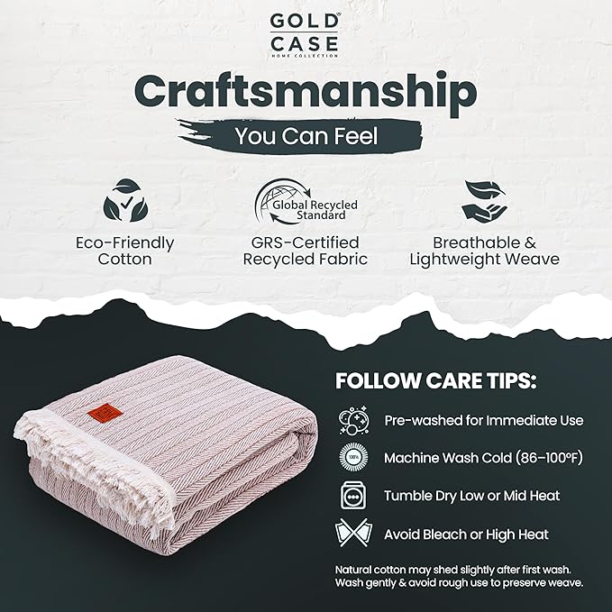 Gold Case Throw Blanket for Bed - 100% Recycled Turkish Cotton Blanket - Vintage Lightweight Soft Throw Blankets for Bed & Living Room - Twin Size Cozy Blankets - 71x90 - Beige