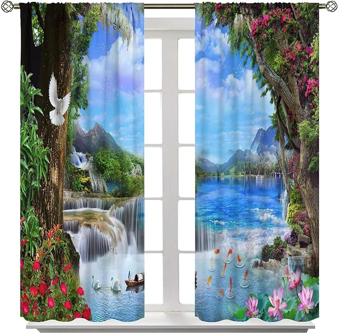 Spring Jungle Waterfall Blackout Window Curtains, Tropical Rainforest Floral Tree Waterfall Landscape Print Window Drapes, for Living Room Bedroom 72x63in 2 Panels