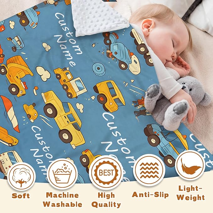 Custom Baby Blanket - Cartoon Cars Design Personalized Name Blanket, Soft Flannel Dot Infant Toddler Blanket for Boys, Customizable Nursery Bedding (30”x40)
