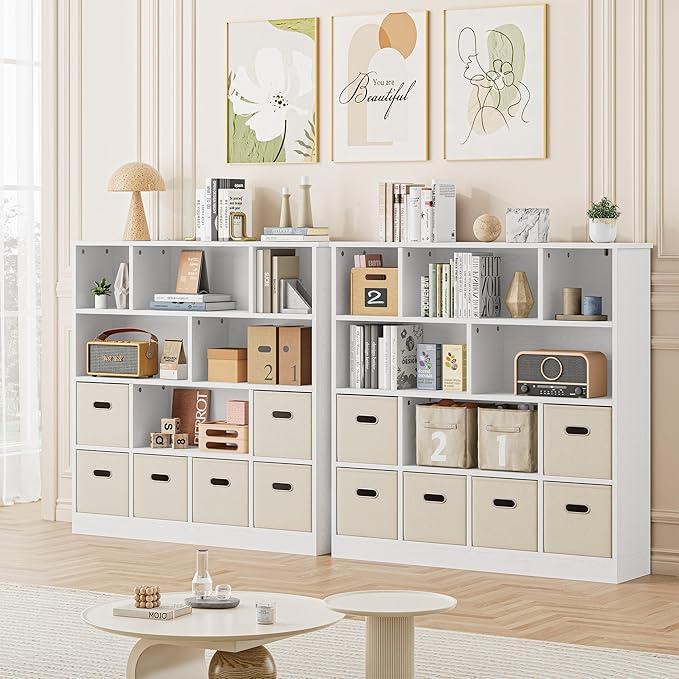 IRONCK Toy Storage Organizer with 6 Bins, Wooden 4-Tier Floor Standing Open Bookshelf Storage Cubby, 12-Cube Storage Shelf Bookcase, Kids Bookshelf and Toy Storage, Beige