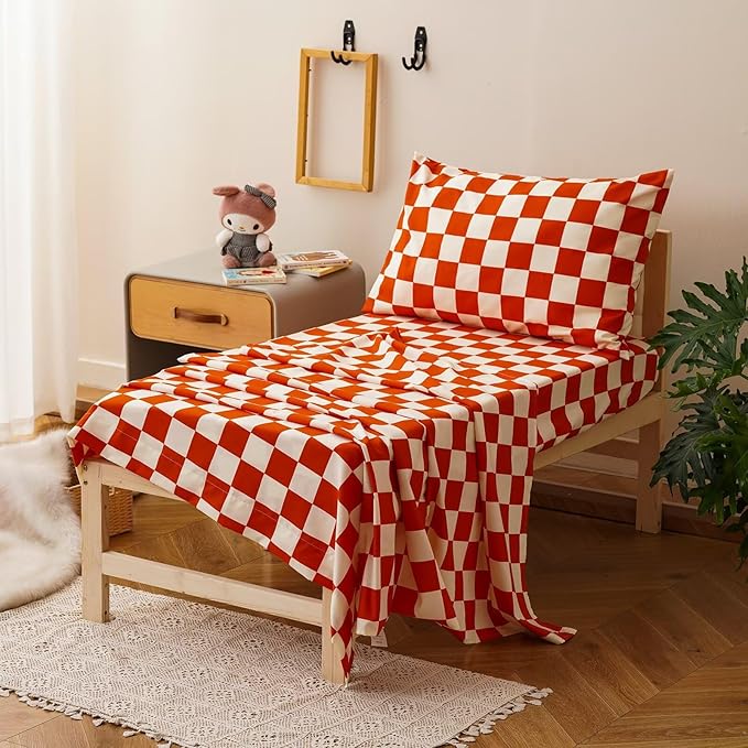CLOTHKNOW Plaid Toddler Bedding Sets for Boys Girls, 4Pieces Rust Beige Grid Pattern, Soft Crib Bed Set Including Comforter, Flat Sheet, Fitted Sheet and Pillowcase, Rust Beige