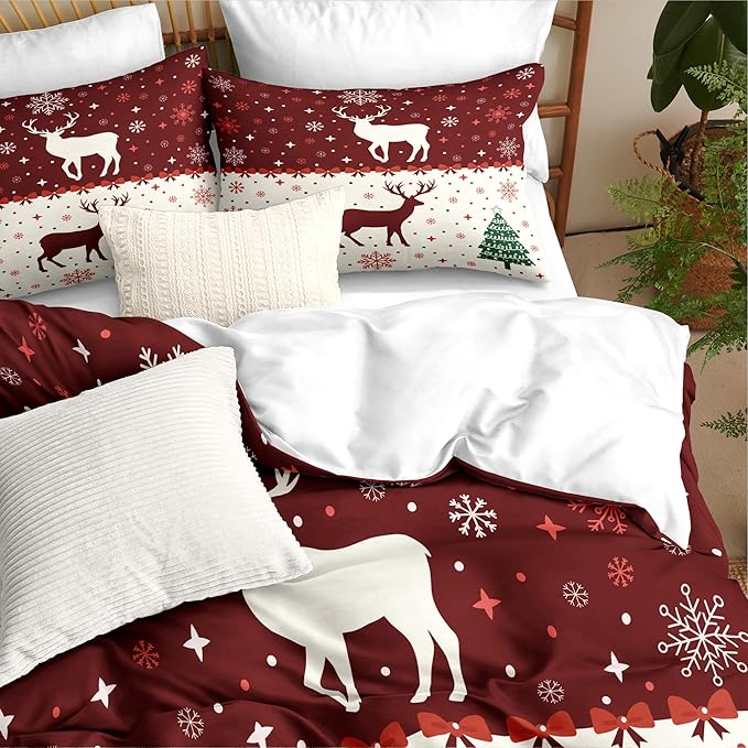 Christmas Duvet Cover Twin Size Red Bow Deer Bedding Set 2 Pieces Kids Boys Girls Xmas Christmas Tree Comforter Cover with Zipper Closure and 1 Pillowcase (No Comforter)