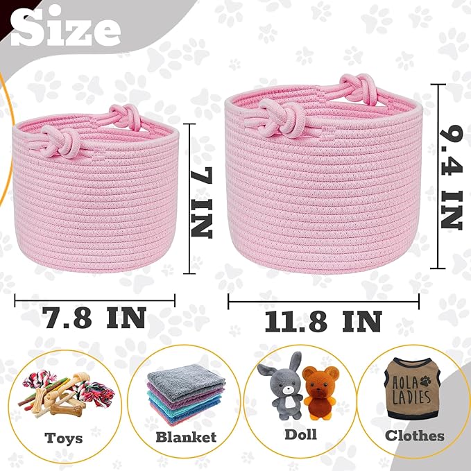 Custom Pet Toy Basket - Personalized Dog & Cat Storage with Handles - Rope Woven Pink Bin