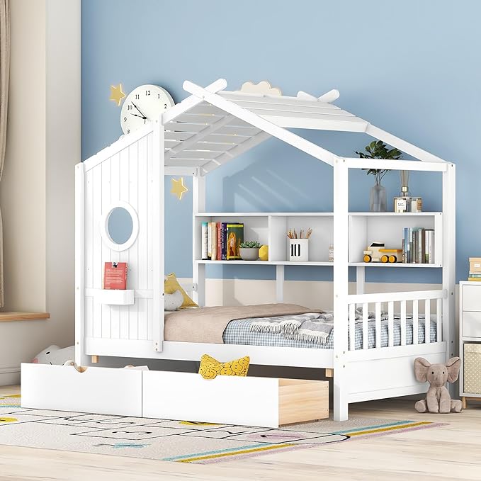 Linique Wooden Twin Size House Bed with 2 Drawers and Storage Shelf,Twin Platform Bed Frame with Pitched Roof,White