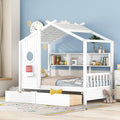 Linique Wooden Twin Size House Bed with 2 Drawers and Storage Shelf,Twin Platform Bed Frame with Pitched Roof,White