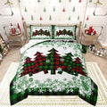 Castle Fairy Christmas Comforter Set King Size,Pine Trees Green Snowflake Glitter Shiny Bedding Set All Season Quilt Set,Winter Festival Plaid Checkered Microfiber Polyester Down Comforter
