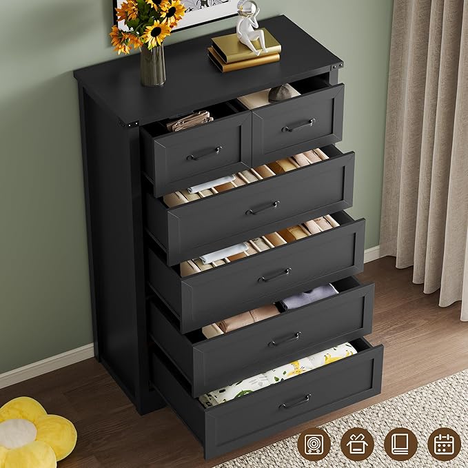 Tall 6-Drawer Dresser for Bedroom, Modern Wooden Chest of Drawers with Metal Handles, Anti-Tipping Design, Sturdy and Stable Storage Organizer for Living Room, Entryway, Home Office, Standard