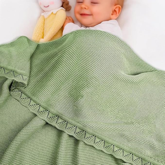 Baby Knit Blanket Soft Breathable Cotton Scallop Border Blankets Newborn Knitted Blanket Swaddle Blankets Gifts for Baby Newborn Toddler Shower Boy Girl New Mom Birthday Christmas SG 28x36