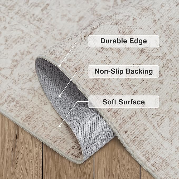 Fmfunctex 8x10 Washable Area Rug Beige Vintage Neutral Distressed Oriental Large Non Slip Carpet for Living Room Bedroom Soft Low Pile Indoor Mat Retro Throw Rug for Dining Room Kitchen Office Nursery