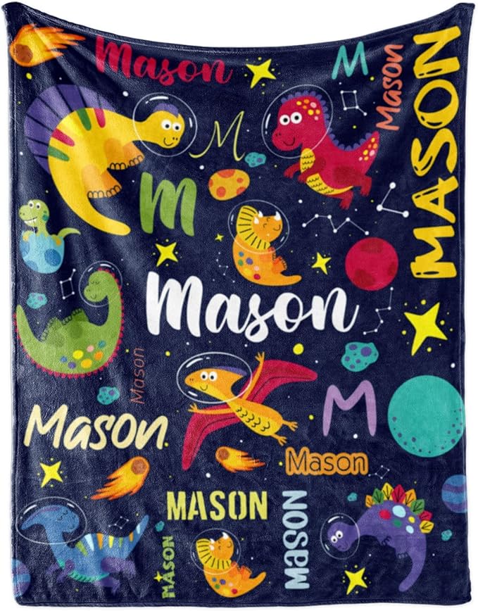 Personalized Dinosaur Blanket for Boys, Custom Name Blanket for Kids Dino Outspace, Soft Flannel Dinosaur Toddler Blanket Customized Gift for Birthday Christmas Baby Shower, Newborn Gift 60" X 80"
