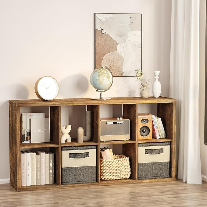 14.6" x 30" x 57.9" Eight Cubed Storage Organizer, Wood Cube Storage Organizer with 8 Cubbies, 8 Cubes Shelving for Office, Bedroom, Living Room, Playroom, Brown