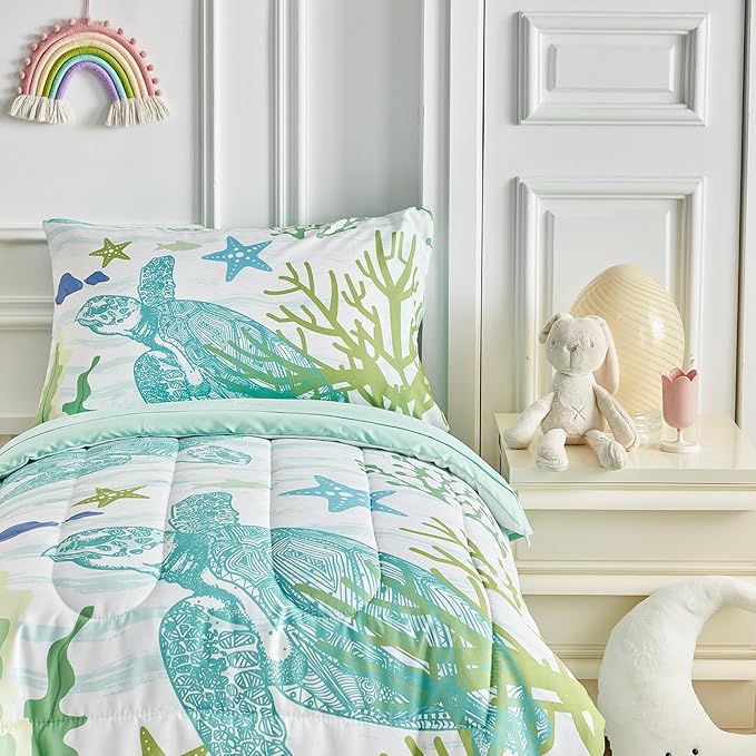 4 Pieces Sea Turtle Toddler Bedding Set for Boys Girls Teal Blue White Toddler Bed Set with Seaweed Starfish Soft Blue Cute Toddler Bed in a Bag with Sheet Set and Pillow Shams