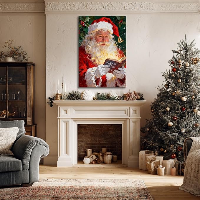 YONICA Christmas Canvas Wall Art Reading Santa 24x32 Inch Oil Painting with Glowing Book and Holly - Large Framed Gallery Wrapped Library Decor