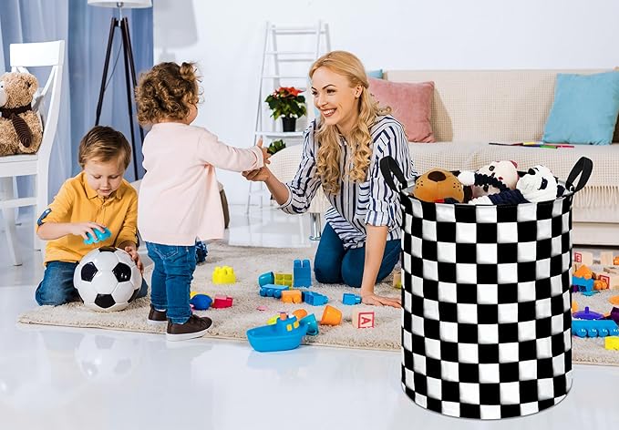 KUNRO Round Black-white Checker Laundry Basket Hamper Kids Toys and Clothes Storage Basket Children Gift Basket Baby Toy Organizer Bins for Room Decor