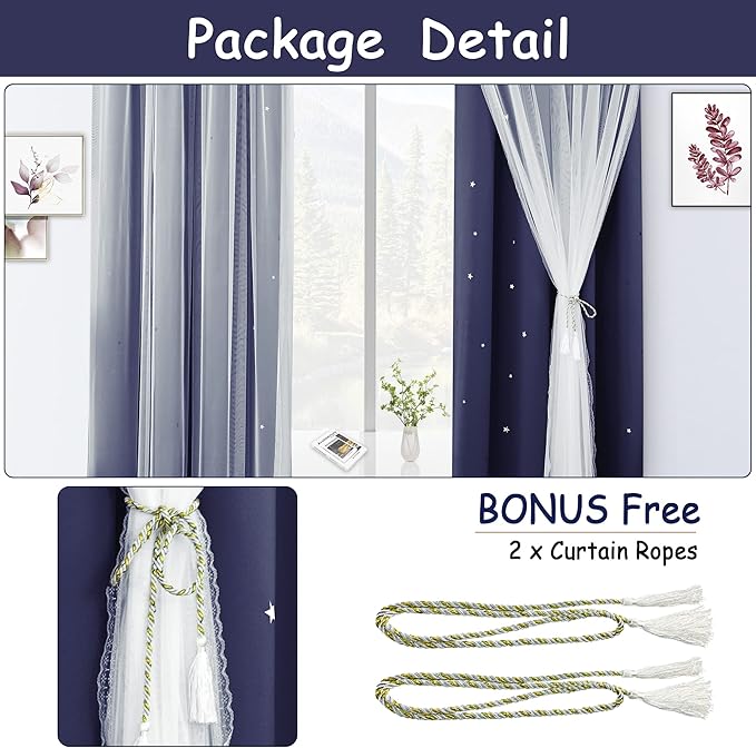 Kinryb Sheer Overlay Curtains for Girls Bedroom, W52xL84 Inches, 2 Panel Navy Blue Star Cutout Curtains with 2 Free Tiebacks