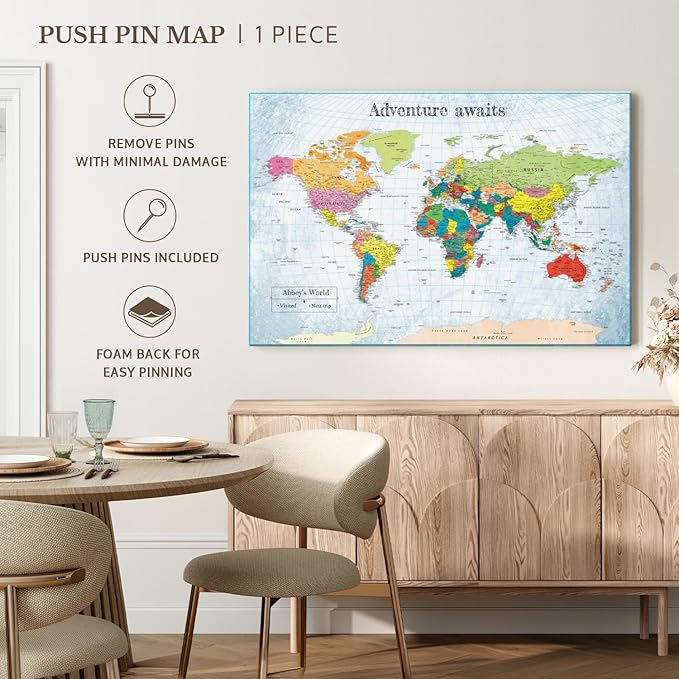 ElephantStock - Personalized Adventure Awaits IV Push Pin World Map Wall Art - Horizontal Canvas Wall Art - Living Room Wall Decor - Digital Art Map Canvas Art - Blue And Green Decor - 24" x 16"