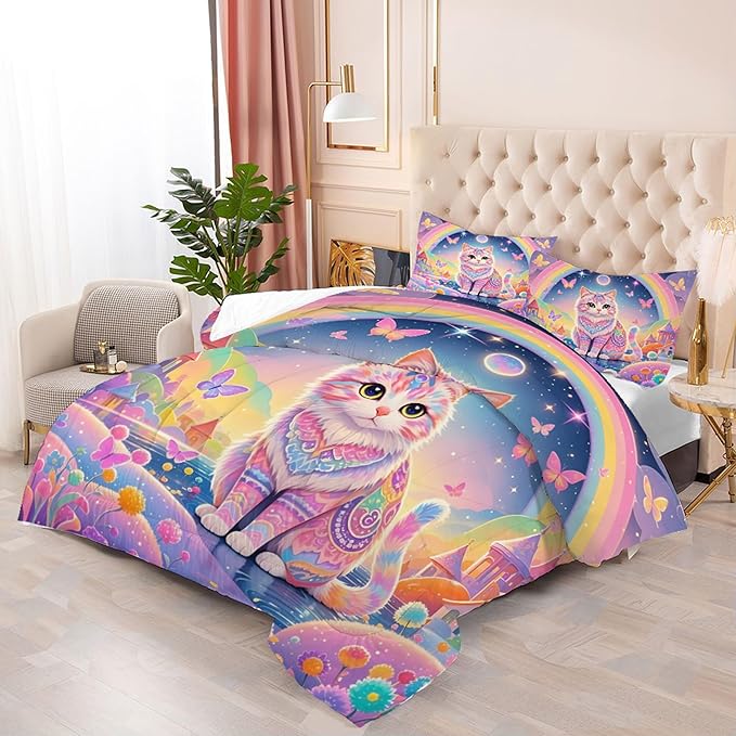 Rainbow Cat Bedding Set: King Size Cat Print Comforter Set Ethnic Kitten Castle Quilts for Women Adults Teens Couple Colorful Feline Butterflies Floral Pet Bed Set 3 Piece