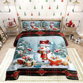 Castle Fairy Xmas Cute Snowman Comforter Set King Size,Merry Christmas Pine Trees Decor Bedding Set All Season Quilt Set,Vintage Red Green Checkered Plaid Microfiber Polyester Down Comforter