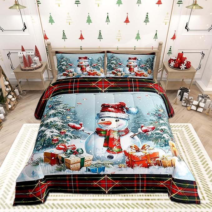 Castle Fairy Xmas Cute Snowman Comforter Set Queen Size,Merry Christmas Pine Trees Decor Bedding Set for Women Adult,Vintage Red Green Checkered Plaid Luxury Bed Duvet Insert, 2 Pillowcases