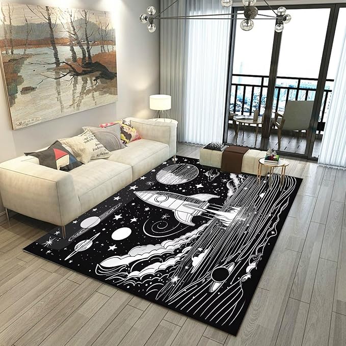 6' x 9' Space Rocket Rug for Kids Bedroom Black Stars Rugs Galaxy Carpet Planet Printed Throw Rugs for Boys Children Living Room,180x275cm
