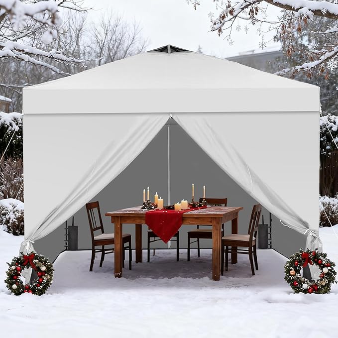 GDY 10x10 Pop Up Canopy Tent with 4 Sidewalls, Easy Set up with One Push Lift Outdoor Silver Coated Beach Gazebos, Carpas with 4 Sandbags, for Pool, Events, Parties, and Camping, White.
