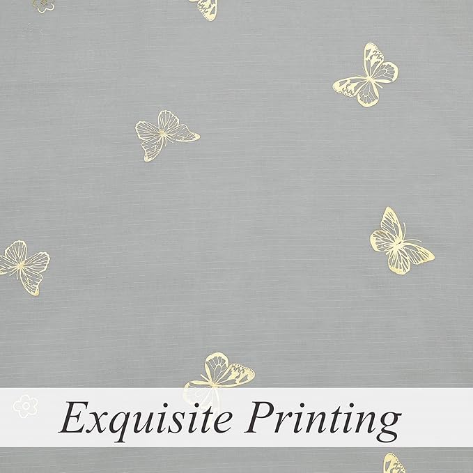 Jubilantex Grey Sheer Curtain with Gold Butterfly Pattern for Kids Room, Linen Textured Rustic Metallic Print 95 Inch Rod Pocket Window Drapes for Girls Bedroom Living Room, 2 Panels