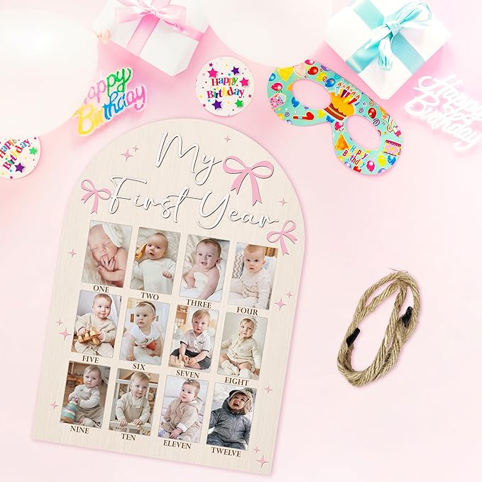 My First Year Photo Board, Pink Bow Baby's First Year Photo Frame 12 Monthly Milestone Picture Frame, Gift for Newborn Baby 1st Birthday Memories Nursery Decoration -07