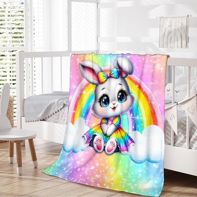 Blanket for Girls, Bunny Throw for Kids Teens Rabbit Lovers 60x80 Inches Lightweight Soft Cute Rainbow Print Throw Blankets for Sofa Couch Living Room Bed