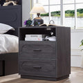 Grey Nightstand with Charging Station, Modern End Table with 2 Drawers Storage, Space-Saving Wood Storage Cabinet with Unique Base Design, Bedside Table for Bedroom, Living Room