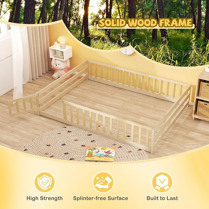 Giantex Full Floor Bed with Door & Fence, Kids Wood Montessori Beds with Safety Guardrails, Floor Bed Twin for Kids, Boys, Girls, No Box Spring Needed, Natural