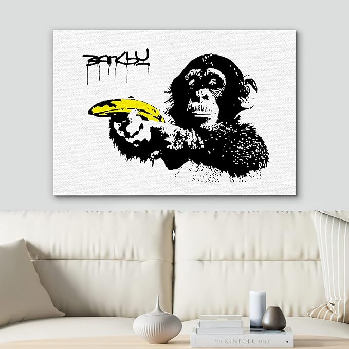 SIGNWIN Framed Canvas Wall Art Banksy Monkey with Banana Print Graffiti & Street Art Famous People Pop Art Modern Urban Multicolor for Living Room, Bedroom, Office - 16x24 inches