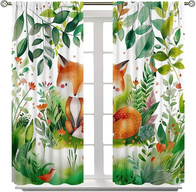 Kids Fox Blackout Curtain Cute Cartoon Fox Window Treatment for Girls Boys Bedroom Wildlife Woodland Animal Botanical Plant Window Drapes for Living Room Teens Nursery W72xL63
