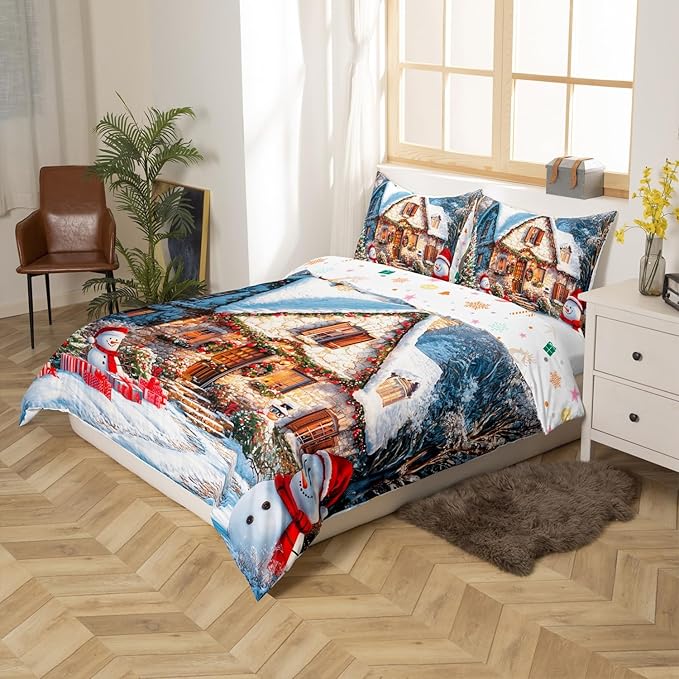 Manfei Christmas Duvet Cover Set King Size, Winter Snow Scenery Bedding Set for Kids Boys Girls Room Decor, Western New Year Comforter Cover, Soft Polyester Quilt Cover, 2 Pillowcases, No Comforter