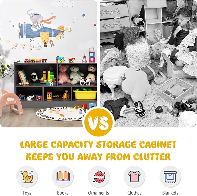 Costzon Toy Storage Organizer for Kids, 5-Section School Classroom Storage for Organizing Books Toys, Wooden Kids Bookshelf Daycare Furniture for Preschool, Playroom, Nursery, Kindergarten (Dark Gray)