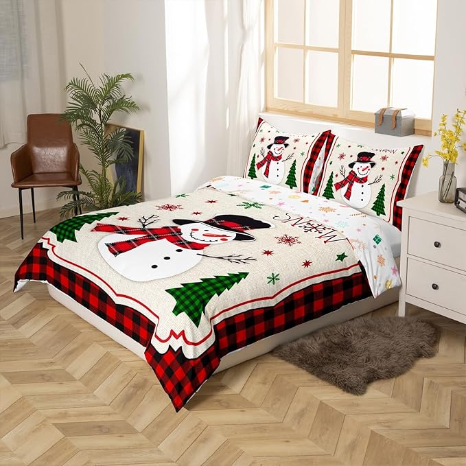 Manfei Cute Snowman Duvet Cover Set Twin Size, Xmas Trees Snowflake Comforter Cover with 1 Pillowcase, Christmas Theme Red Plaid Bedding Set 2pcs for Kids Girls New Year Bedspread Cover,No Comforter