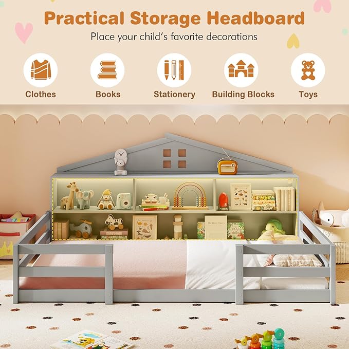 KOMFOTT Twin Floor Bed with Bookcase & LED Light, Wood Bed Frame with Bedside Bookshelves & Guardrails, Versatile 2-in-1 Montessori Floor Bed for Kids (Twin with Led Light,Grey)