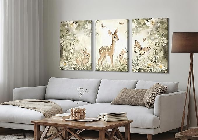 3Pcs Woodland Animal Nursery Canvas Wall Art Cute Forest Animal Wall Decor Pictures Deer and Butterfly Wildflowers Posters Prints for Nursery Bedroom Kids Room Home Decoration Prepare to Hang 16x24in