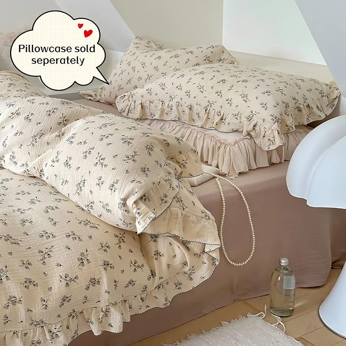 BuLuTu Chic Shabby Vintage Floral Duvet Cover Twin for Kids Girls Boys 100% Cotton Muslin Ruffled Quilt Cover Twin, 68"x86", Hyacinth Print, Soft Breathable, Zipper Closure, No Pillowcase
