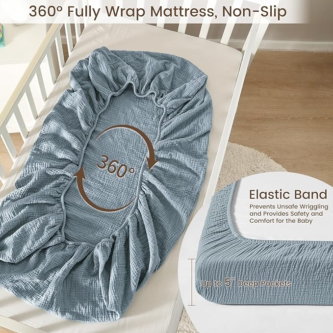 david's kids Muslin Mini Crib Sheets, 2 Pack Cotton Pack N Play Sheets for Boys Girls Neutral, Soft Breathable Baby Sheets Fit Pack N Play, Playard and Mini Crib Mattresses, Sage Green & Dusty Blue