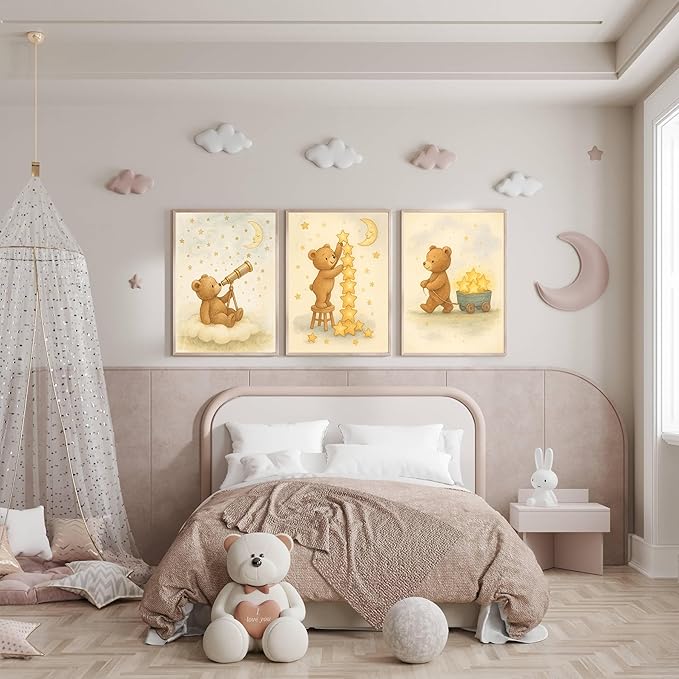 3Pcs Bear Nursery Wall Art Cute Teddy Bear with Stars and Moon Poster Animals Playing with Stars and Telescope Neutral Baby Room Decor Dreamy Prints for Kids and Babies Bedroom 12x16in Unframed