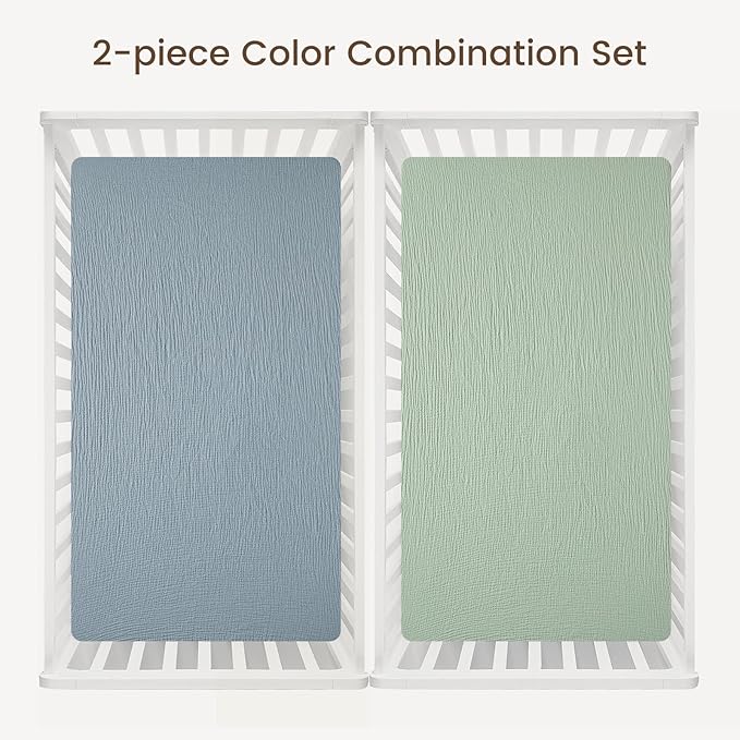david's kids Muslin Crib Sheets for Boys Girls, 2 Pack 100% Cotton Soft Breathable Fitted Baby Neutral Sheet Set, Standard 52"x28" Crib and Toddler Mattress, Sage Green & Dusty Blue